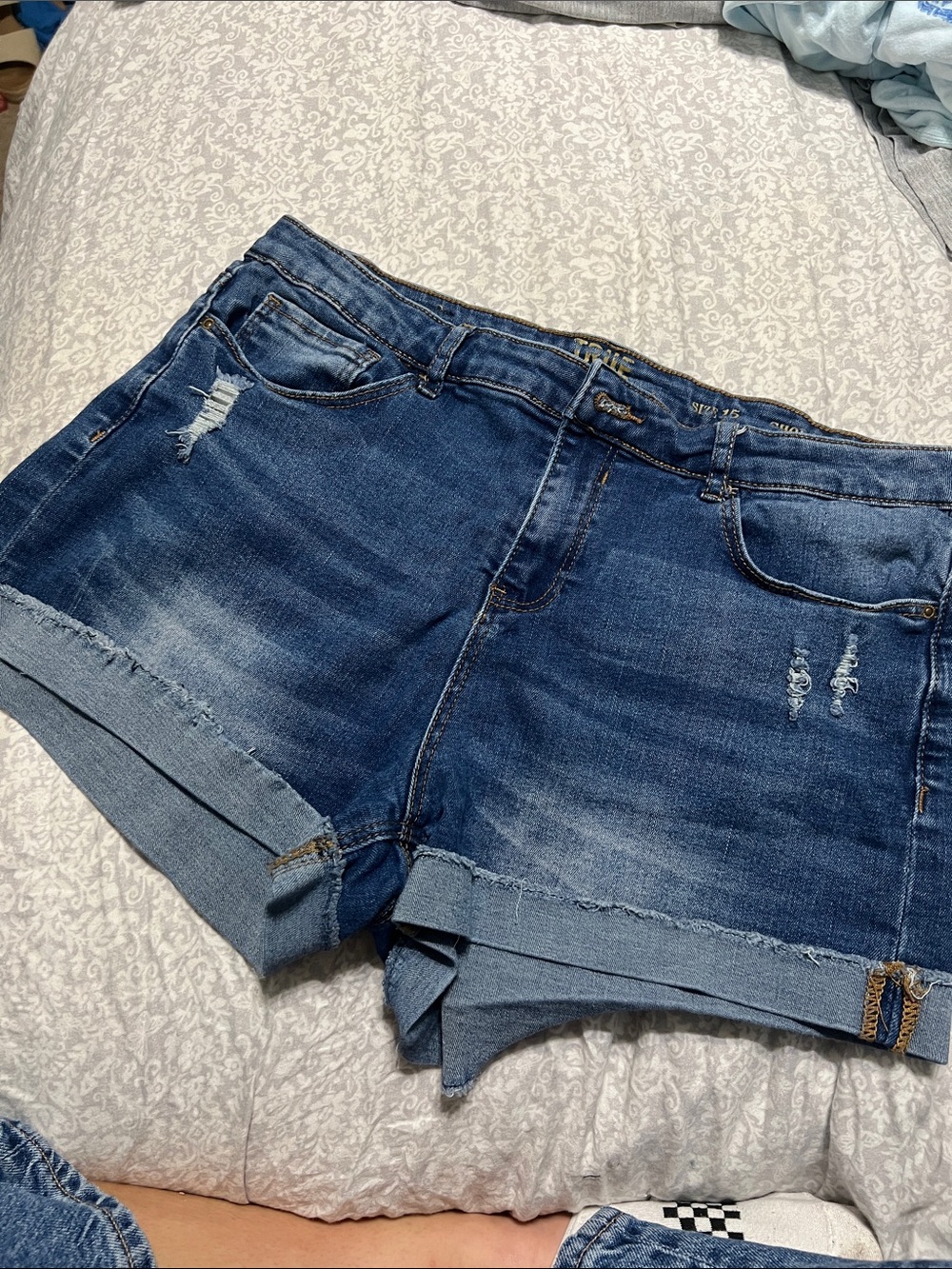 True Craft Mid-Blue Distressed Denim Cutoff Shorts